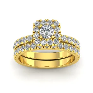 (F/SI) 1.50ctw Diamond Halo Engagement Ring Bridal Set in 10k Yellow Gold