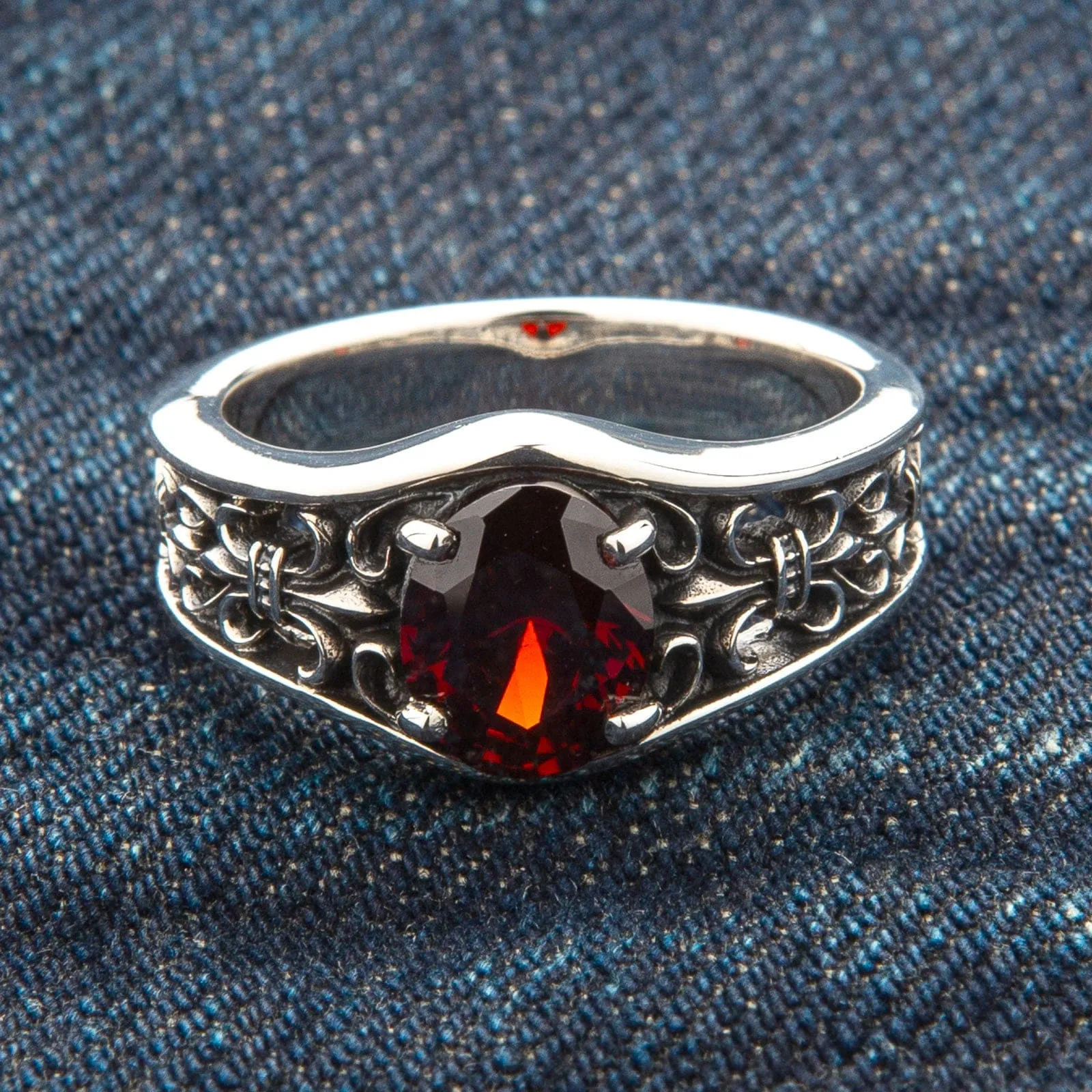 Garnet Fleur De Lis Sterling Silver Gothic Band Ring