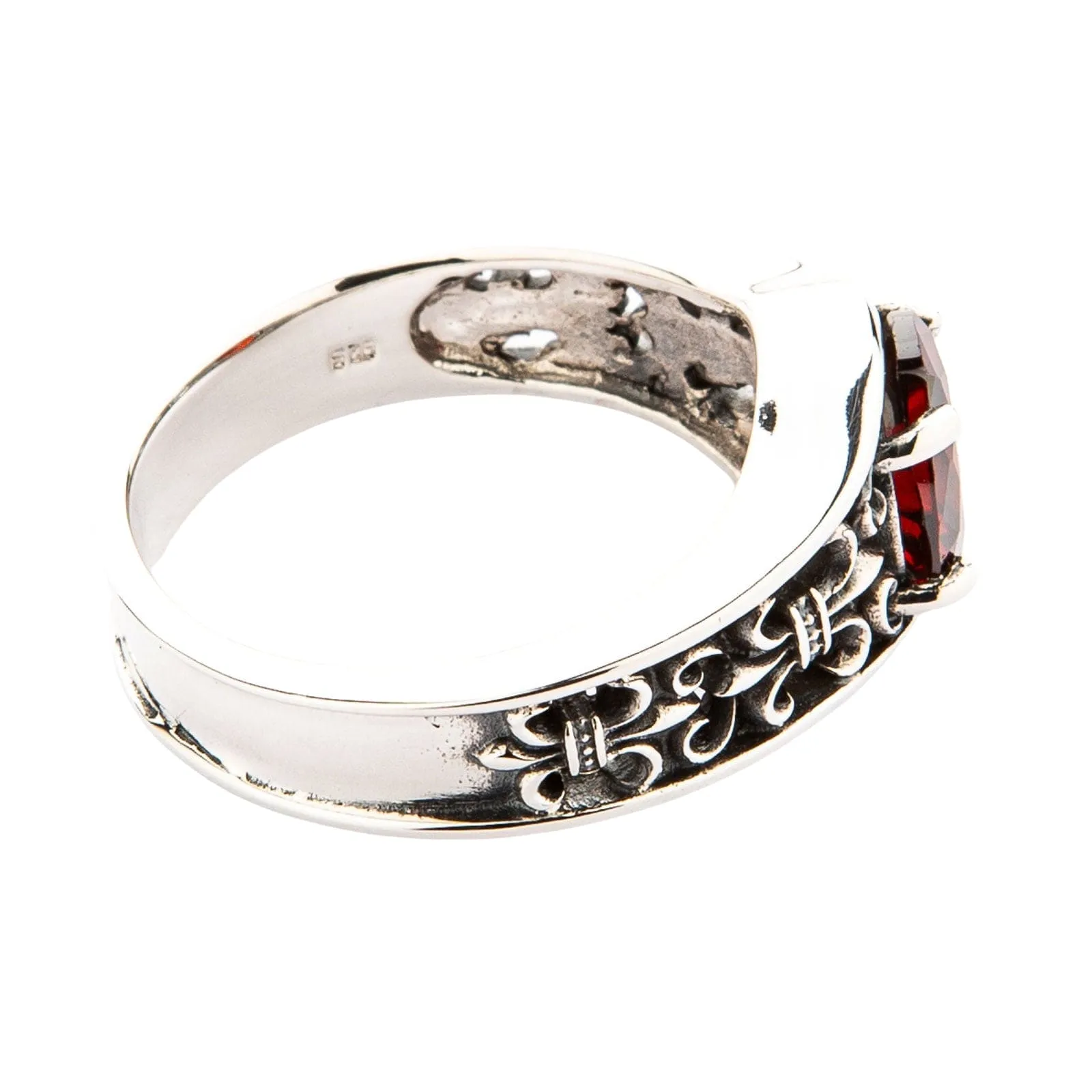 Garnet Fleur De Lis Sterling Silver Gothic Band Ring