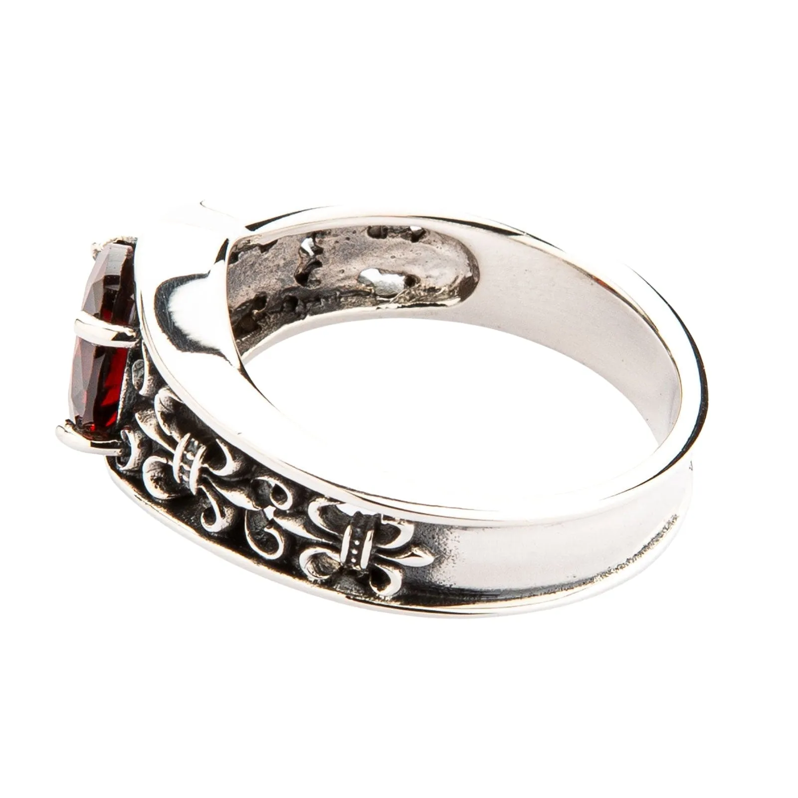 Garnet Fleur De Lis Sterling Silver Gothic Band Ring