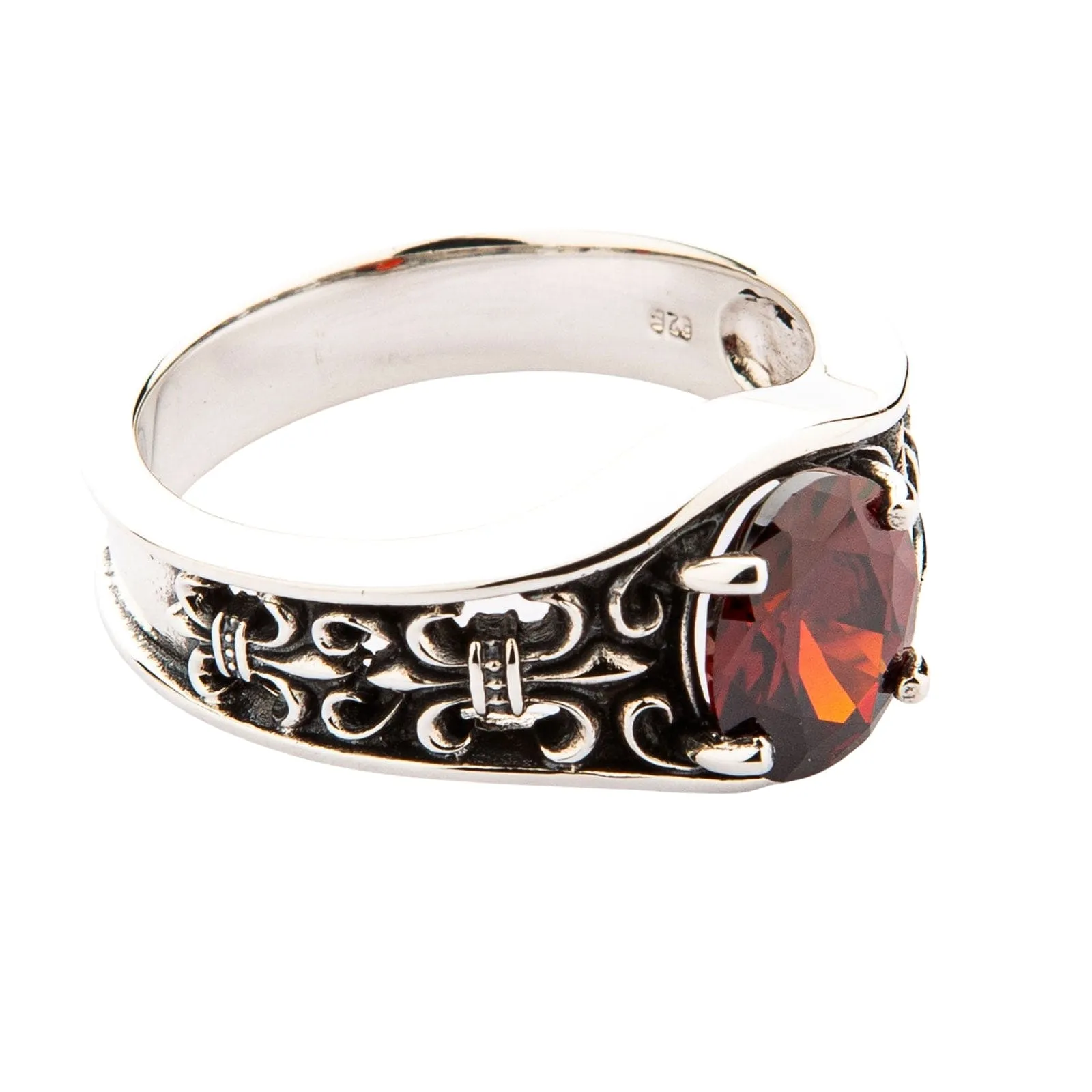 Garnet Fleur De Lis Sterling Silver Gothic Band Ring