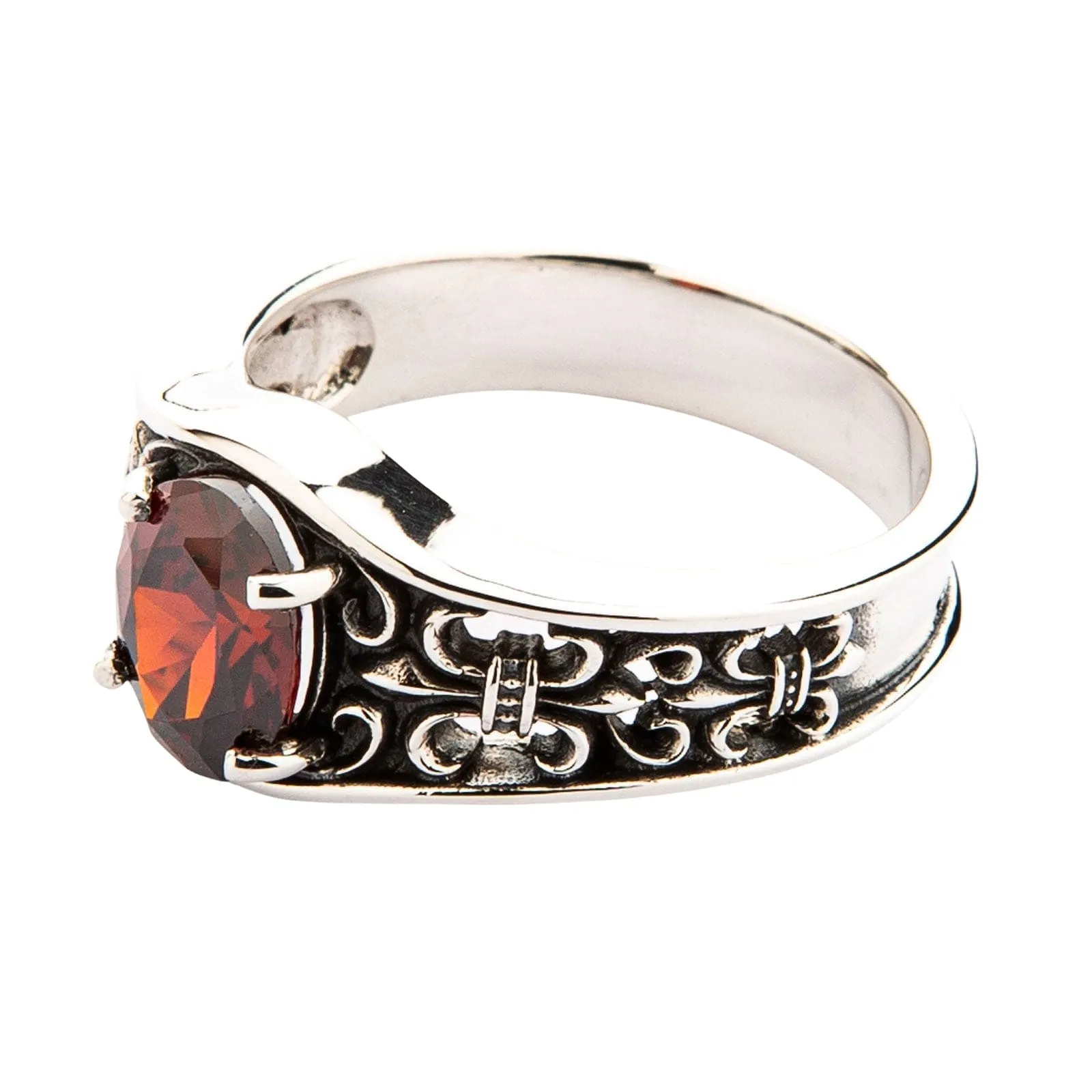 Garnet Fleur De Lis Sterling Silver Gothic Band Ring