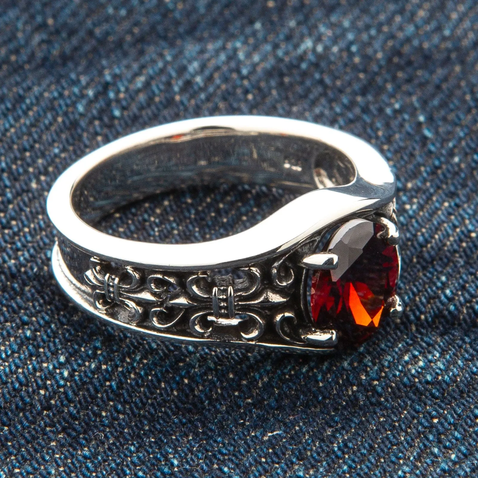 Garnet Fleur De Lis Sterling Silver Gothic Band Ring
