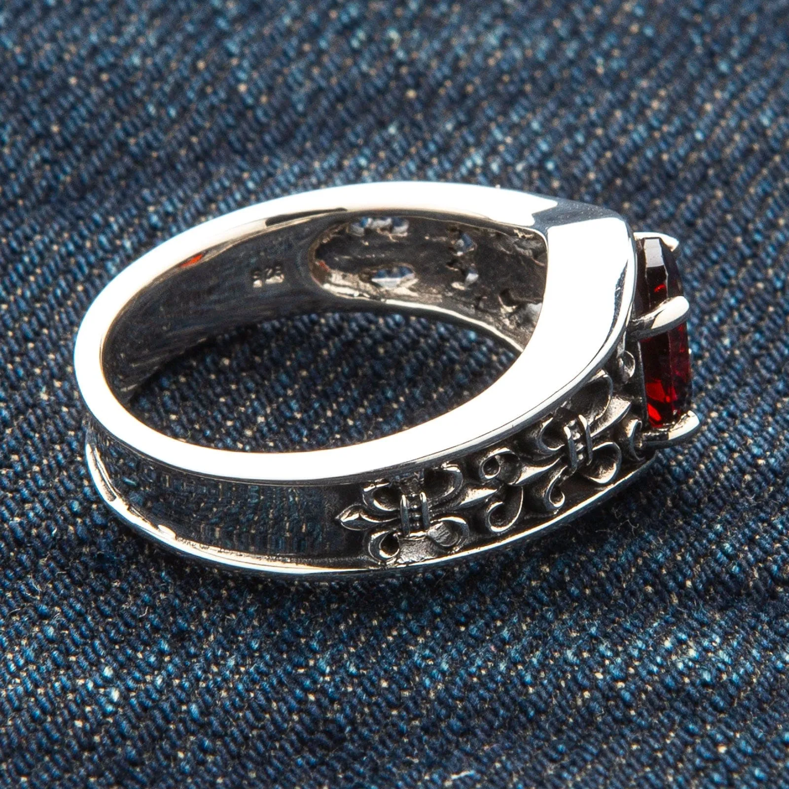 Garnet Fleur De Lis Sterling Silver Gothic Band Ring