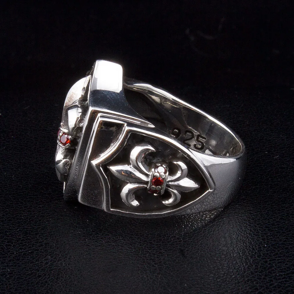 Garnet Fleur De Lis Sterling Silver Gothic Ring