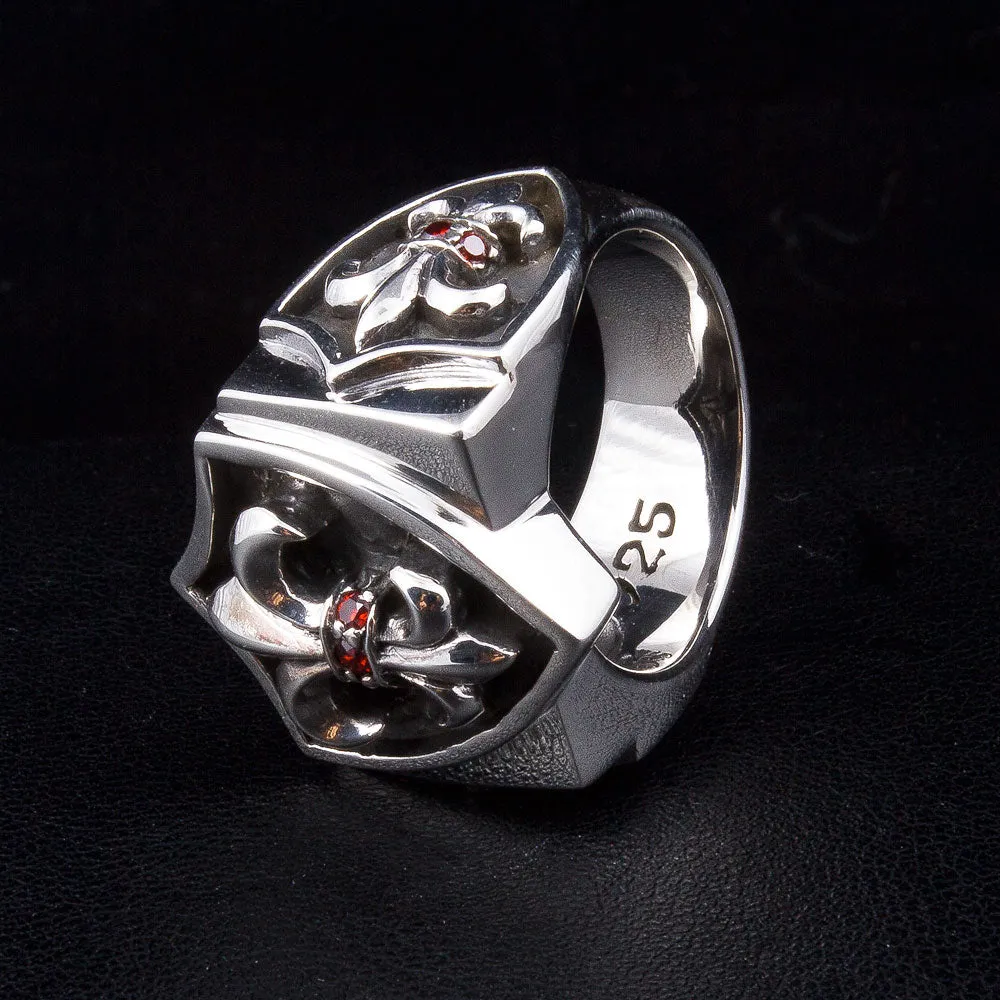 Garnet Fleur De Lis Sterling Silver Gothic Ring