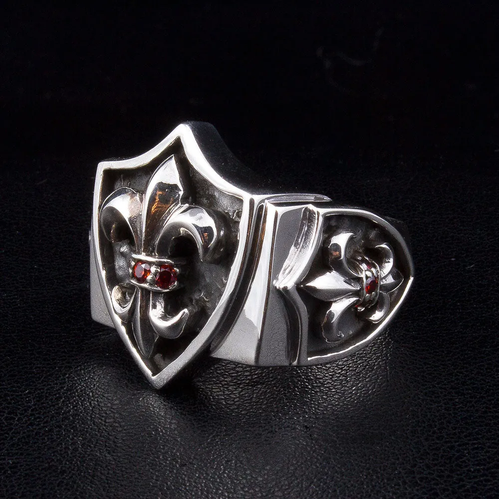 Garnet Fleur De Lis Sterling Silver Gothic Ring