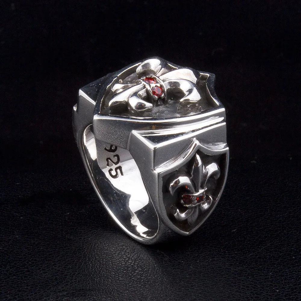 Garnet Fleur De Lis Sterling Silver Gothic Ring