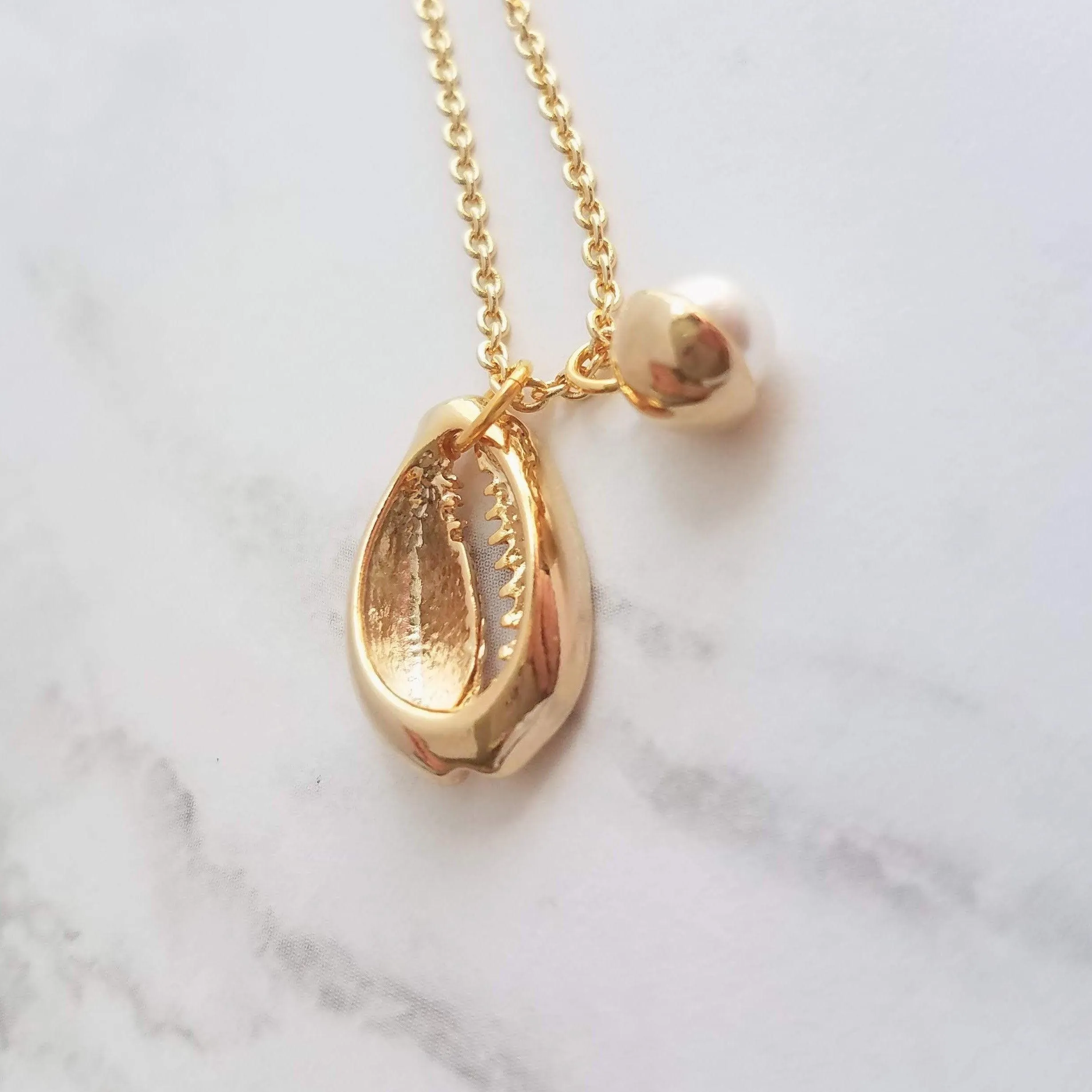 Gold Cowrie Shell Necklace - seashell necklace, cowrie necklace, pearl necklace, beach necklace, gold shell necklace, pearl pendant, charm