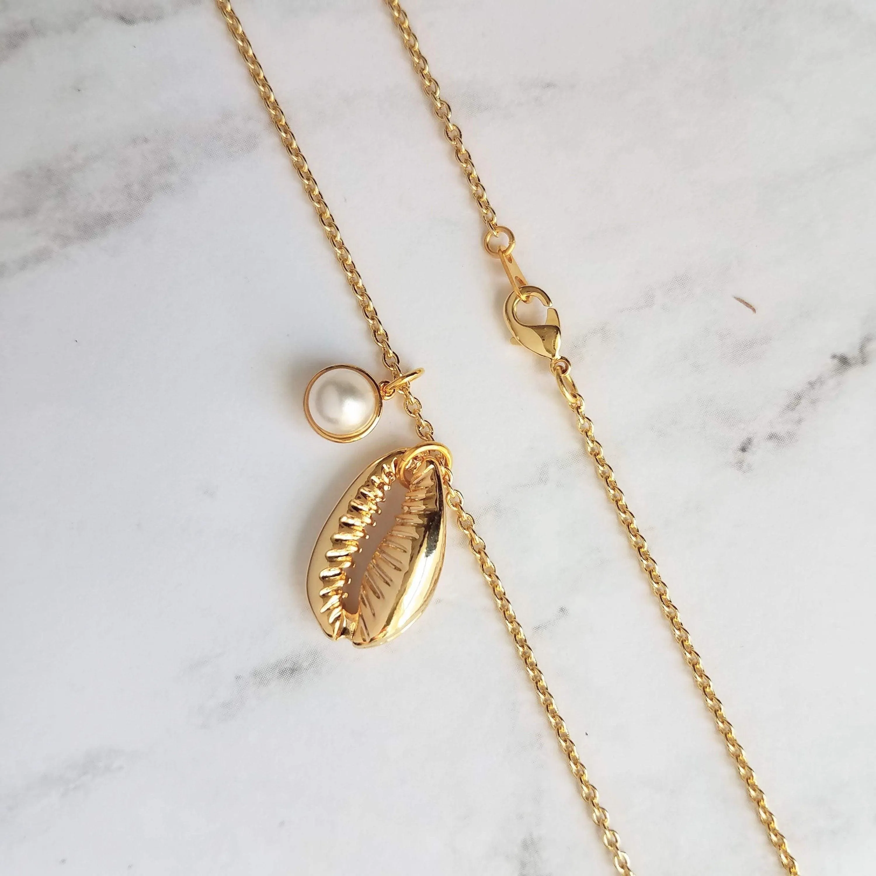 Gold Cowrie Shell Necklace - seashell necklace, cowrie necklace, pearl necklace, beach necklace, gold shell necklace, pearl pendant, charm