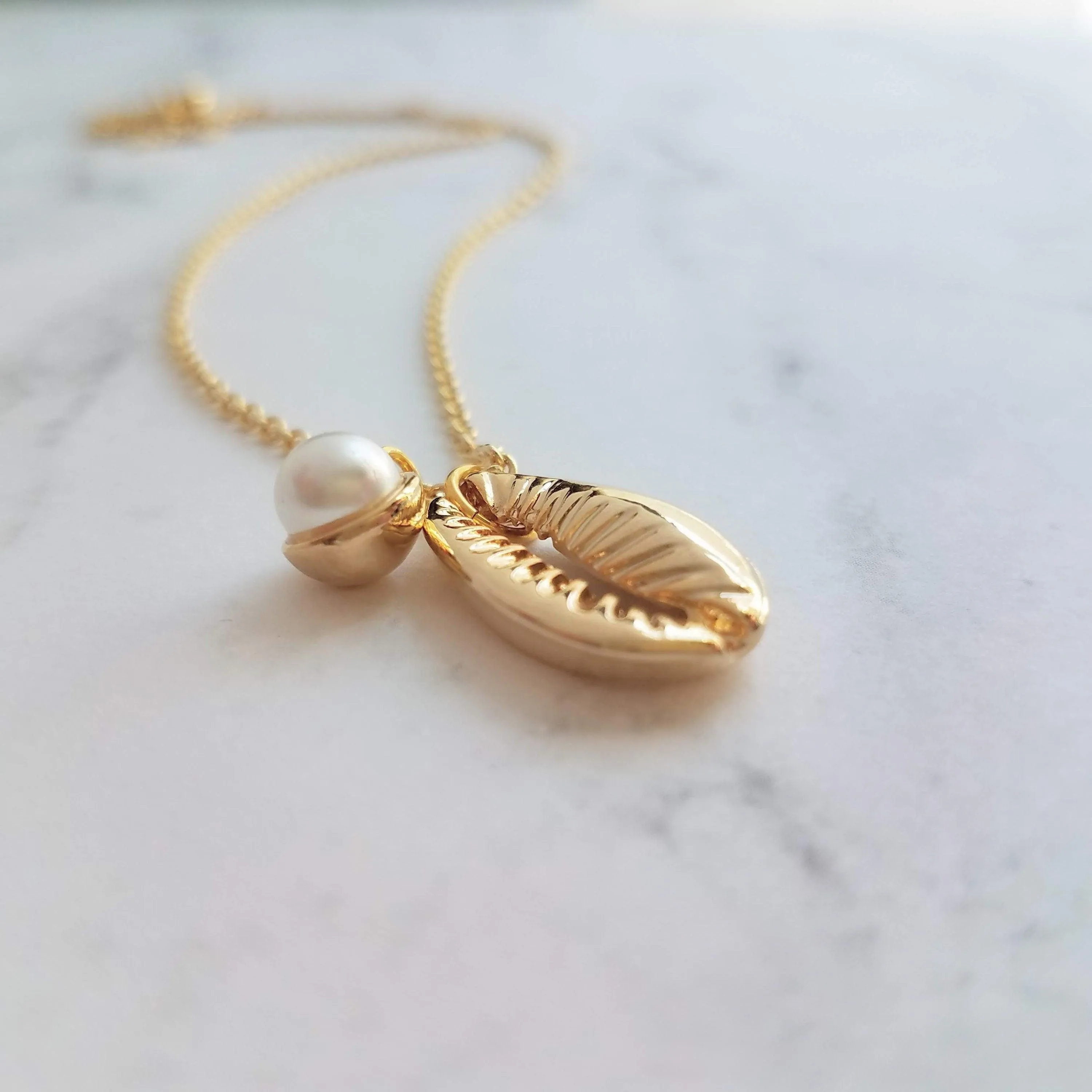 Gold Cowrie Shell Necklace - seashell necklace, cowrie necklace, pearl necklace, beach necklace, gold shell necklace, pearl pendant, charm