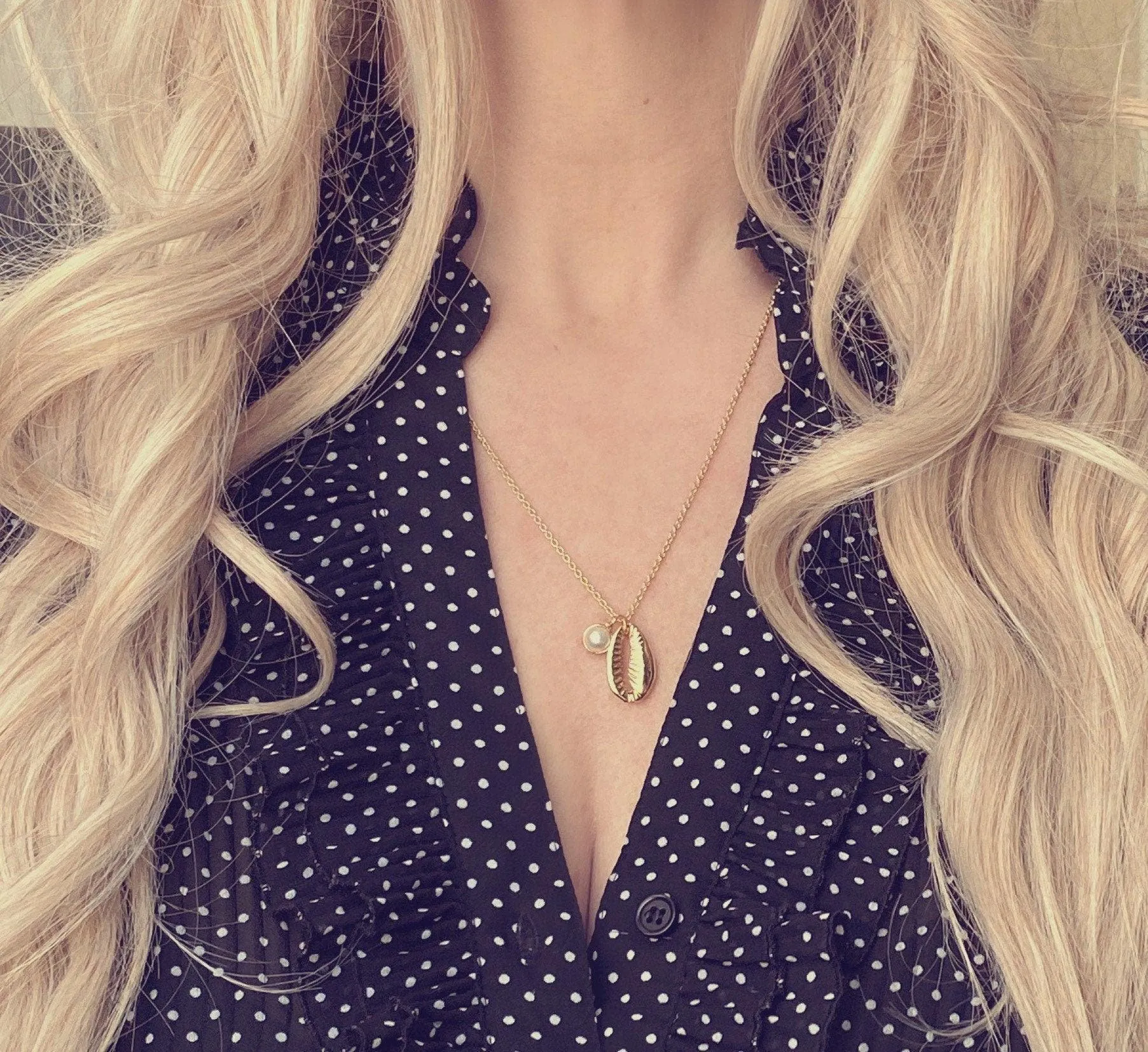 Gold Cowrie Shell Necklace - seashell necklace, cowrie necklace, pearl necklace, beach necklace, gold shell necklace, pearl pendant, charm