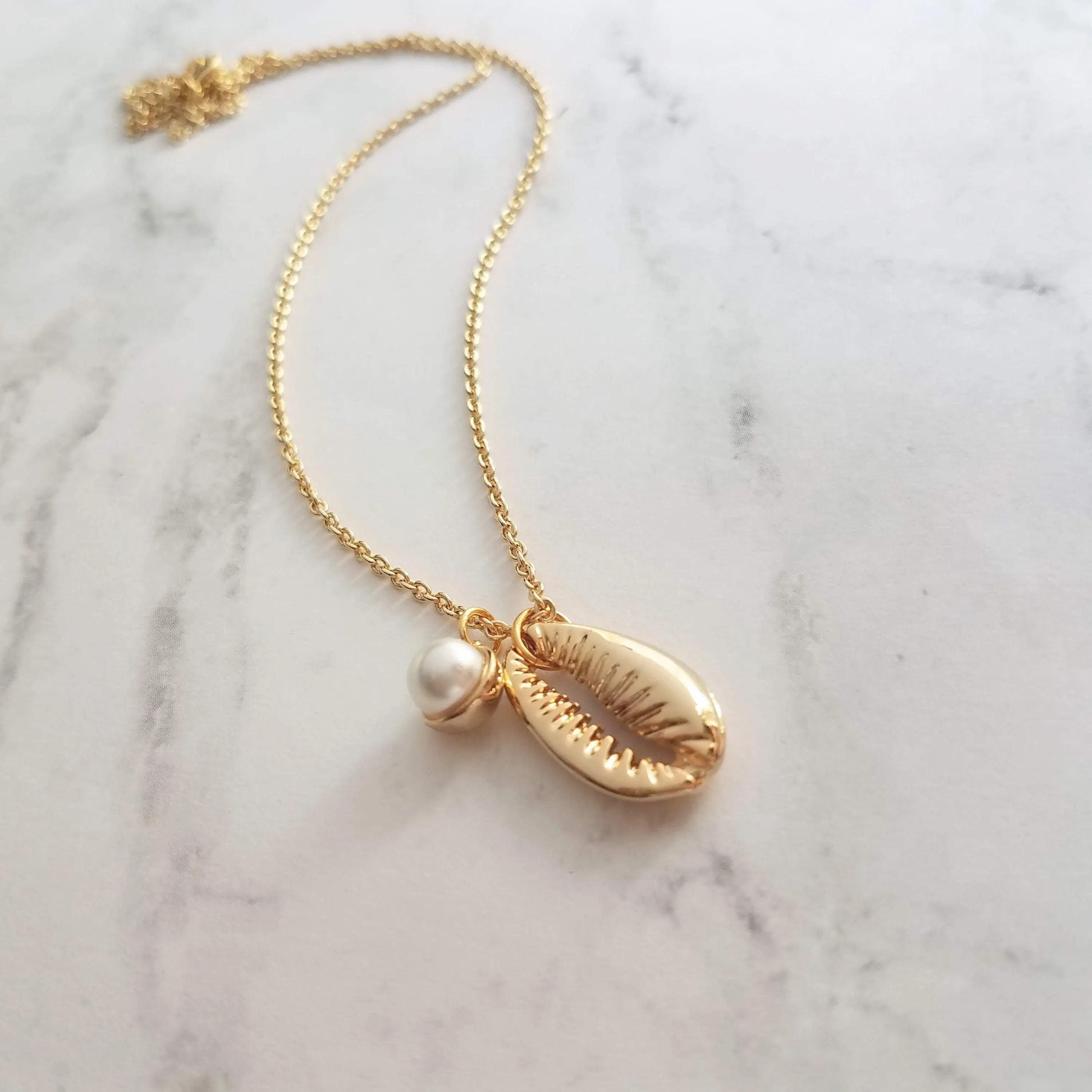 Gold Cowrie Shell Necklace - seashell necklace, cowrie necklace, pearl necklace, beach necklace, gold shell necklace, pearl pendant, charm