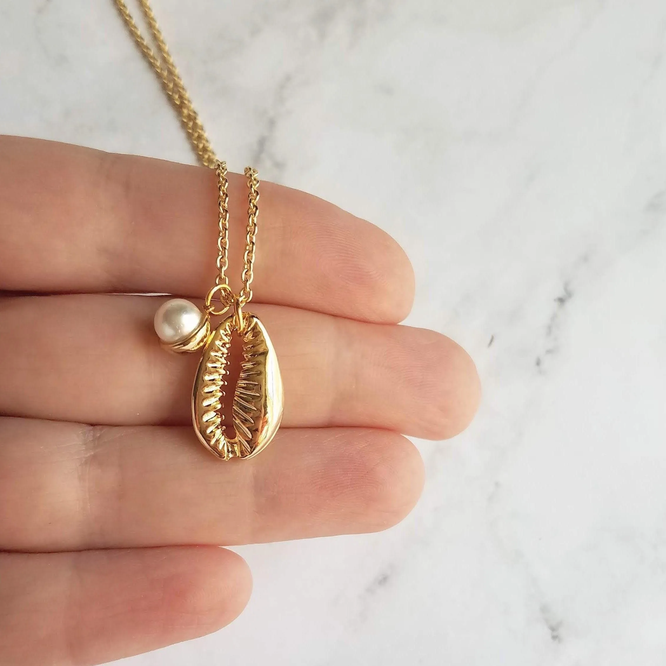 Gold Cowrie Shell Necklace - seashell necklace, cowrie necklace, pearl necklace, beach necklace, gold shell necklace, pearl pendant, charm