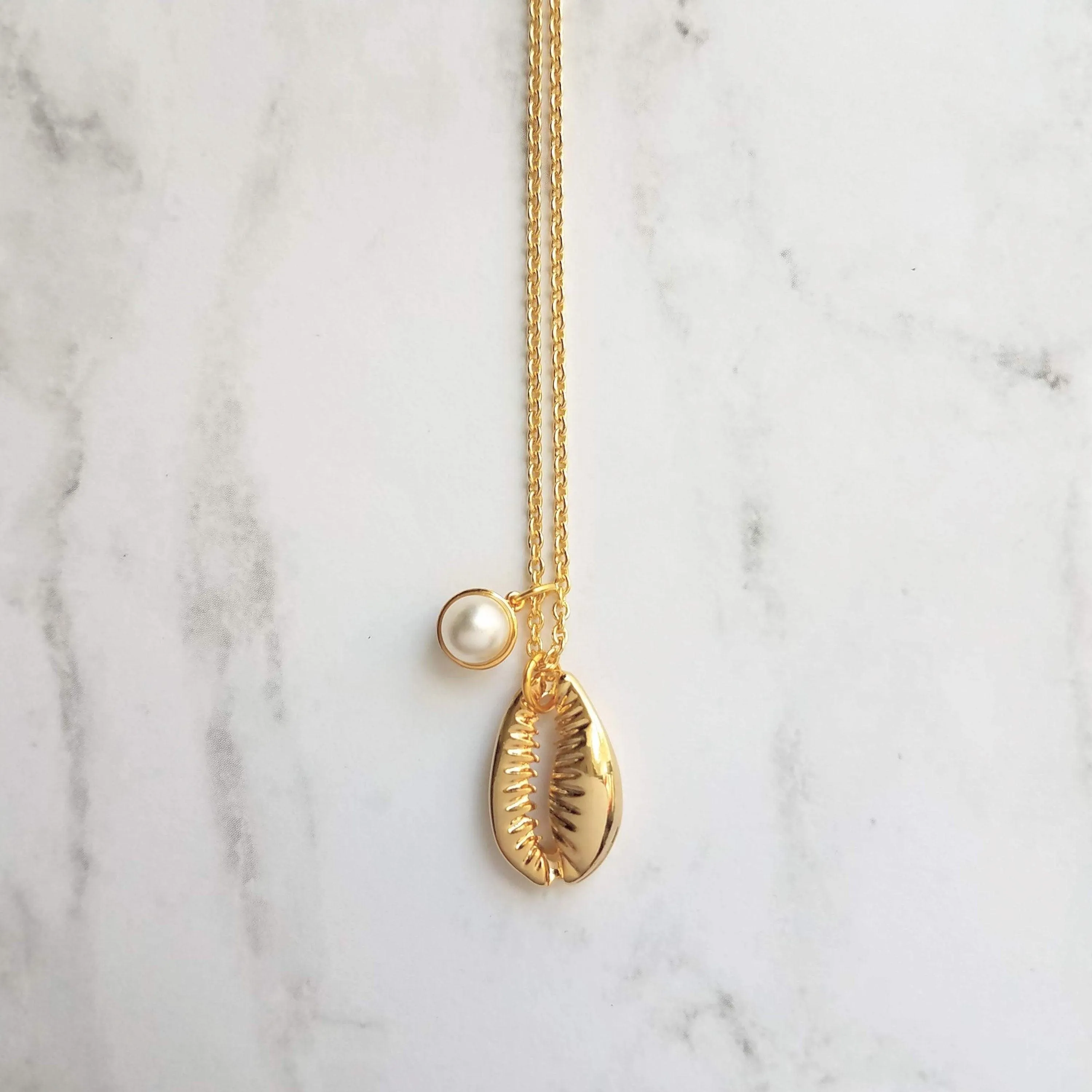 Gold Cowrie Shell Necklace - seashell necklace, cowrie necklace, pearl necklace, beach necklace, gold shell necklace, pearl pendant, charm