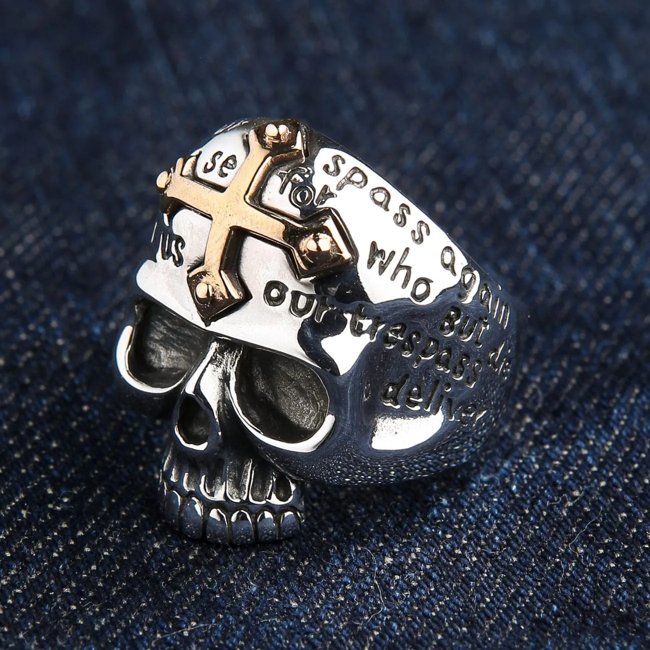 Gold Cross Sterling Silver Skull Ring
