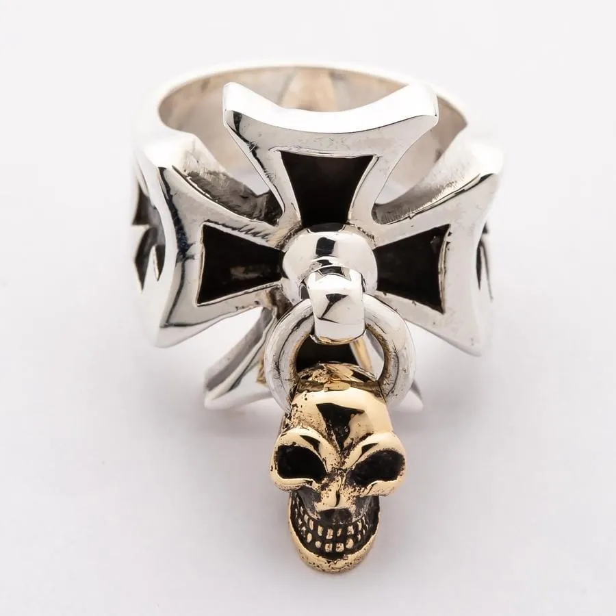 Gold Dangle Skull Iron Cross Ring