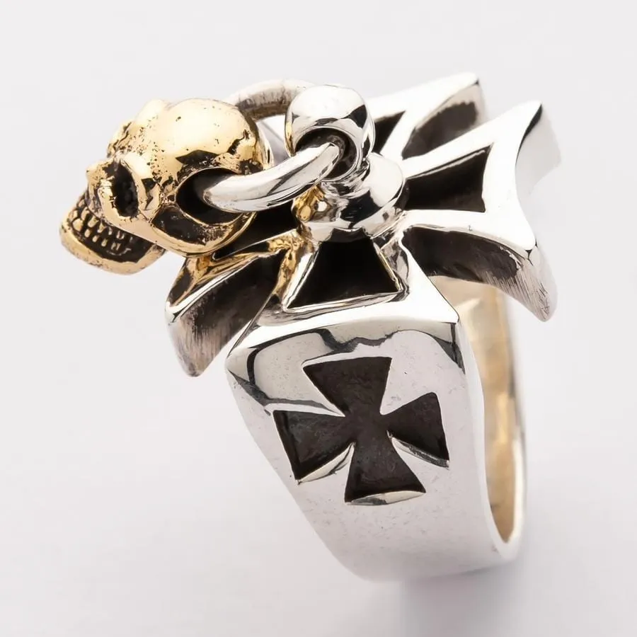Gold Dangle Skull Iron Cross Ring