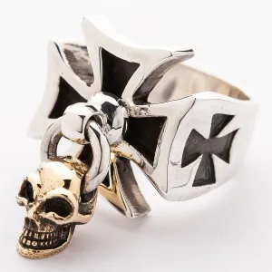 Gold Dangle Skull Iron Cross Ring