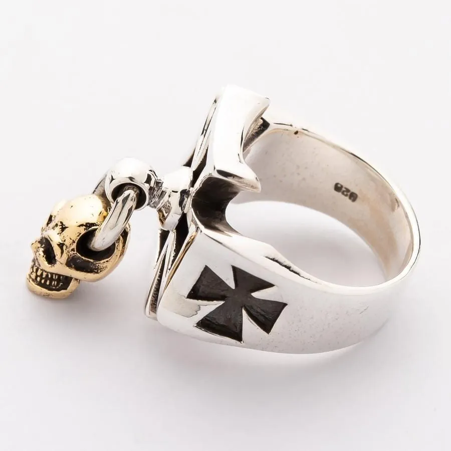 Gold Dangle Skull Iron Cross Ring