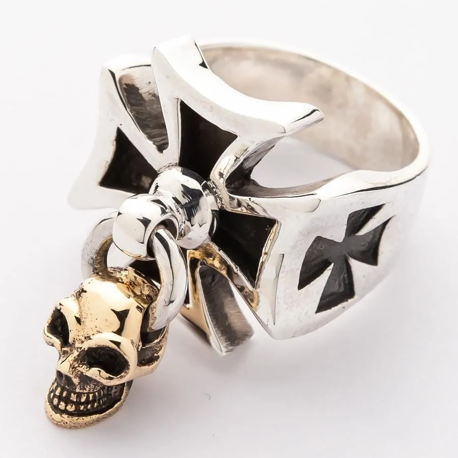 Gold Dangle Skull Iron Cross Ring
