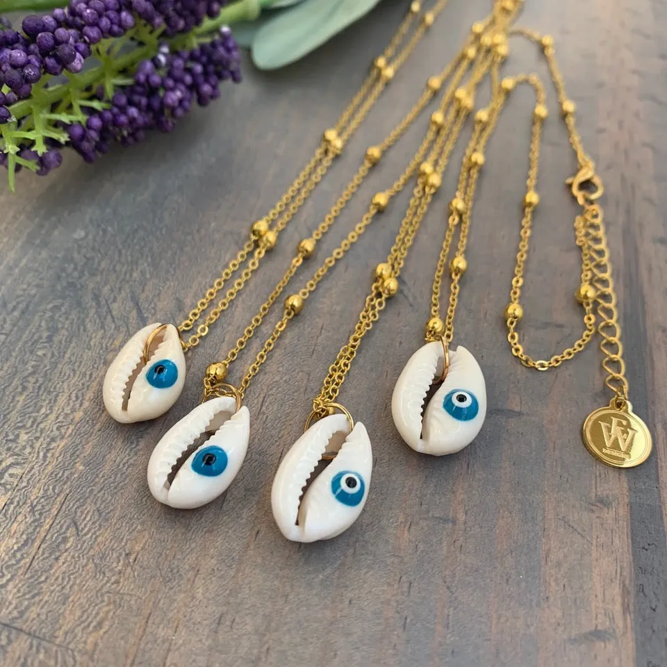 Gold Plated Chain with Cowry Shell and Evil Eye Pendant 330-03 | Erika Williner Designs