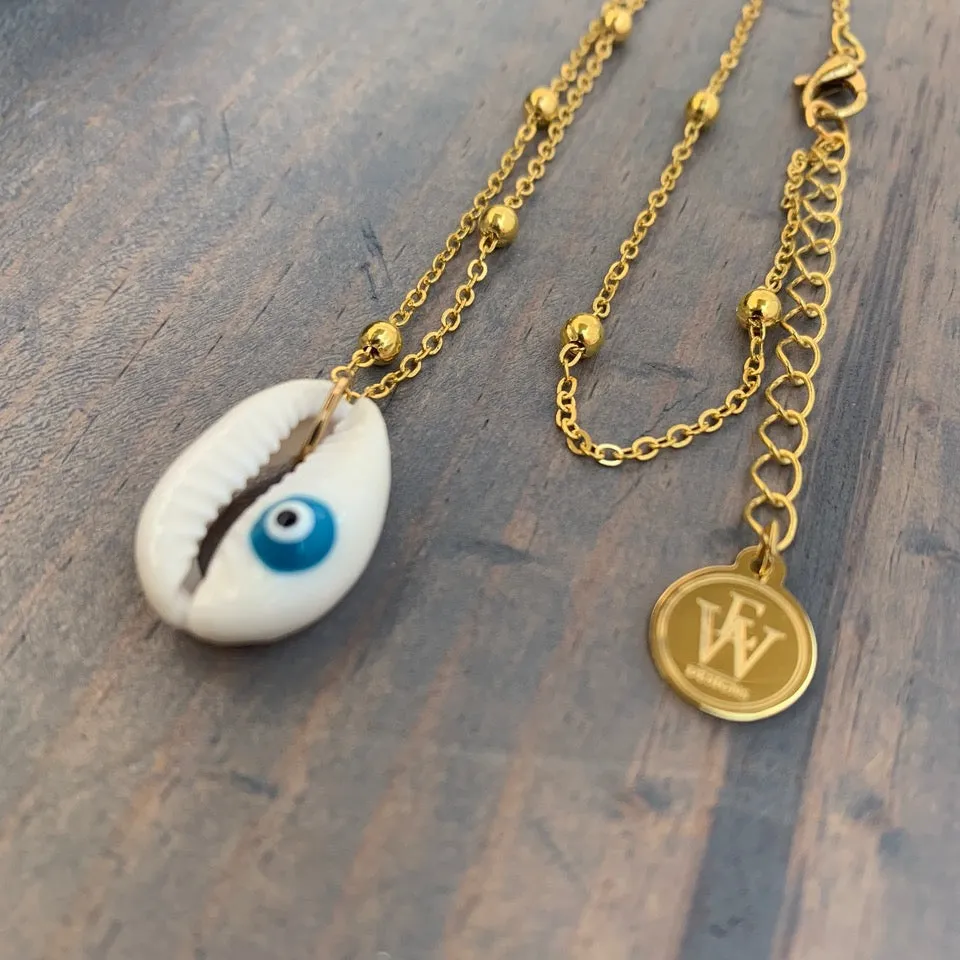 Gold Plated Chain with Cowry Shell and Evil Eye Pendant 330-03 | Erika Williner Designs