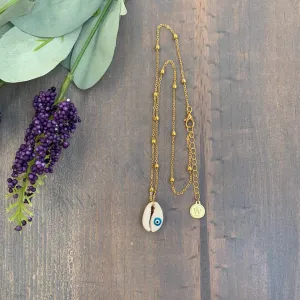 Gold Plated Chain with Cowry Shell and Evil Eye Pendant 330-03 | Erika Williner Designs