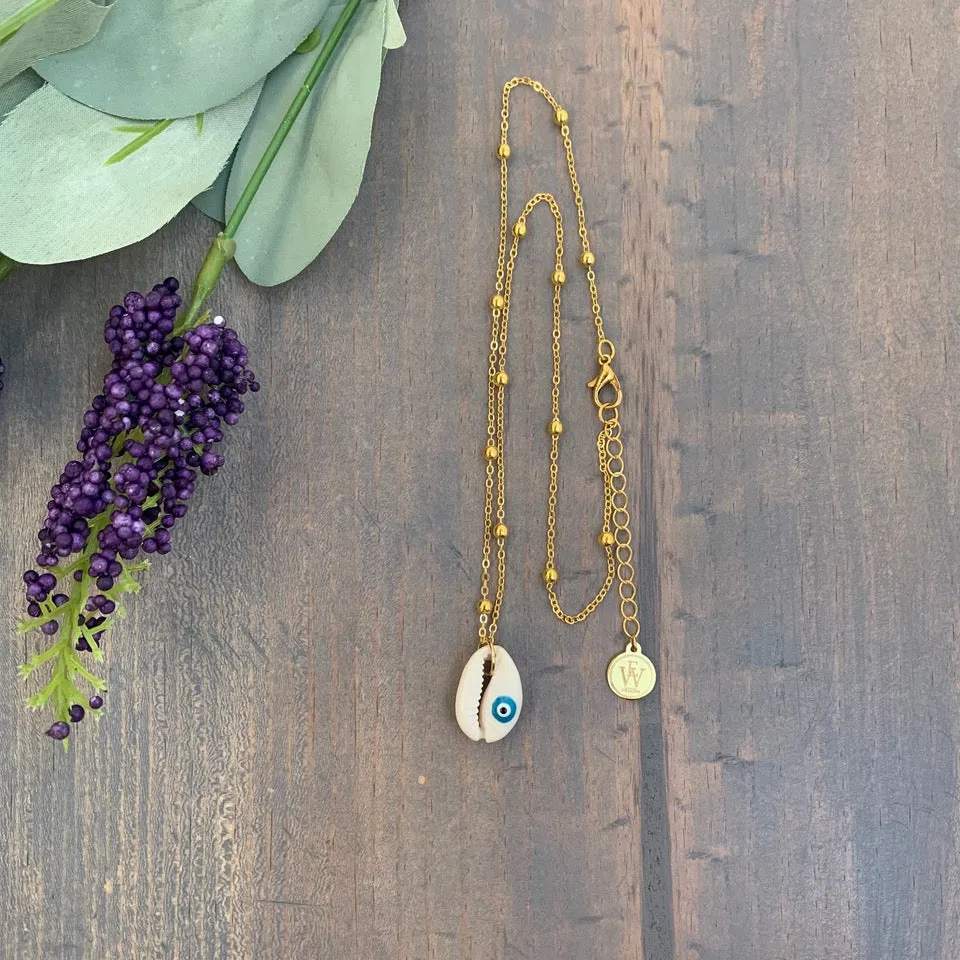 Gold Plated Chain with Cowry Shell and Evil Eye Pendant 330-03 | Erika Williner Designs