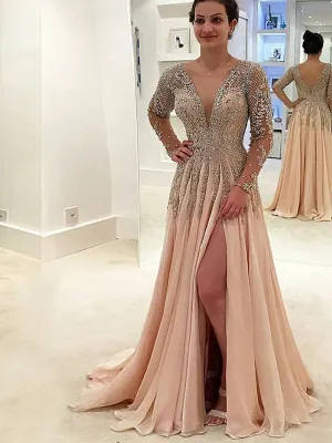 Gorgeous Beaded V-neck V-back Long Sleeve Split Prom Dresses,PD00071