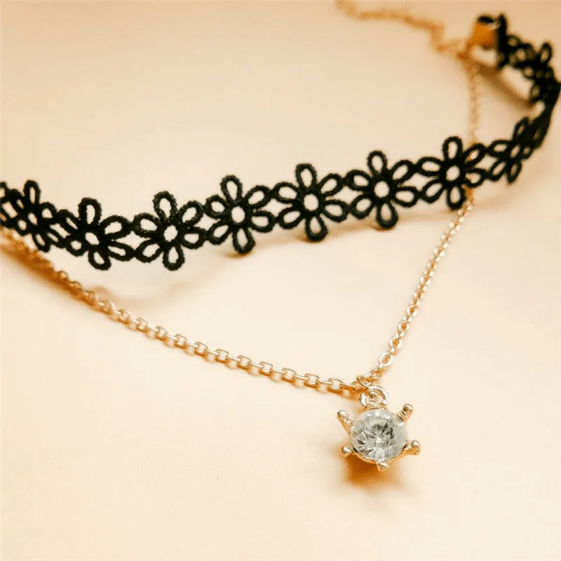 Gothic Black Lace Suspended Crystal Anklet