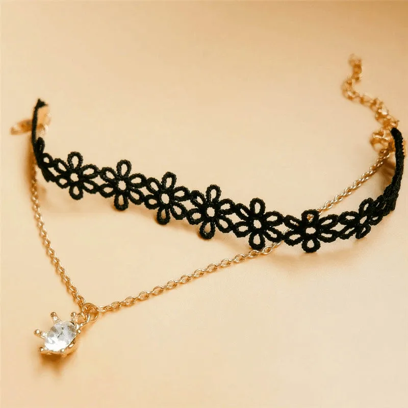 Gothic Black Lace Suspended Crystal Anklet