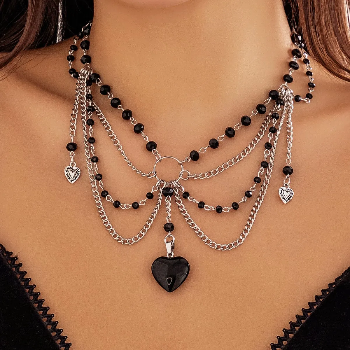 Gothic Heart Pendant Crystal Tassel Choker Necklace
