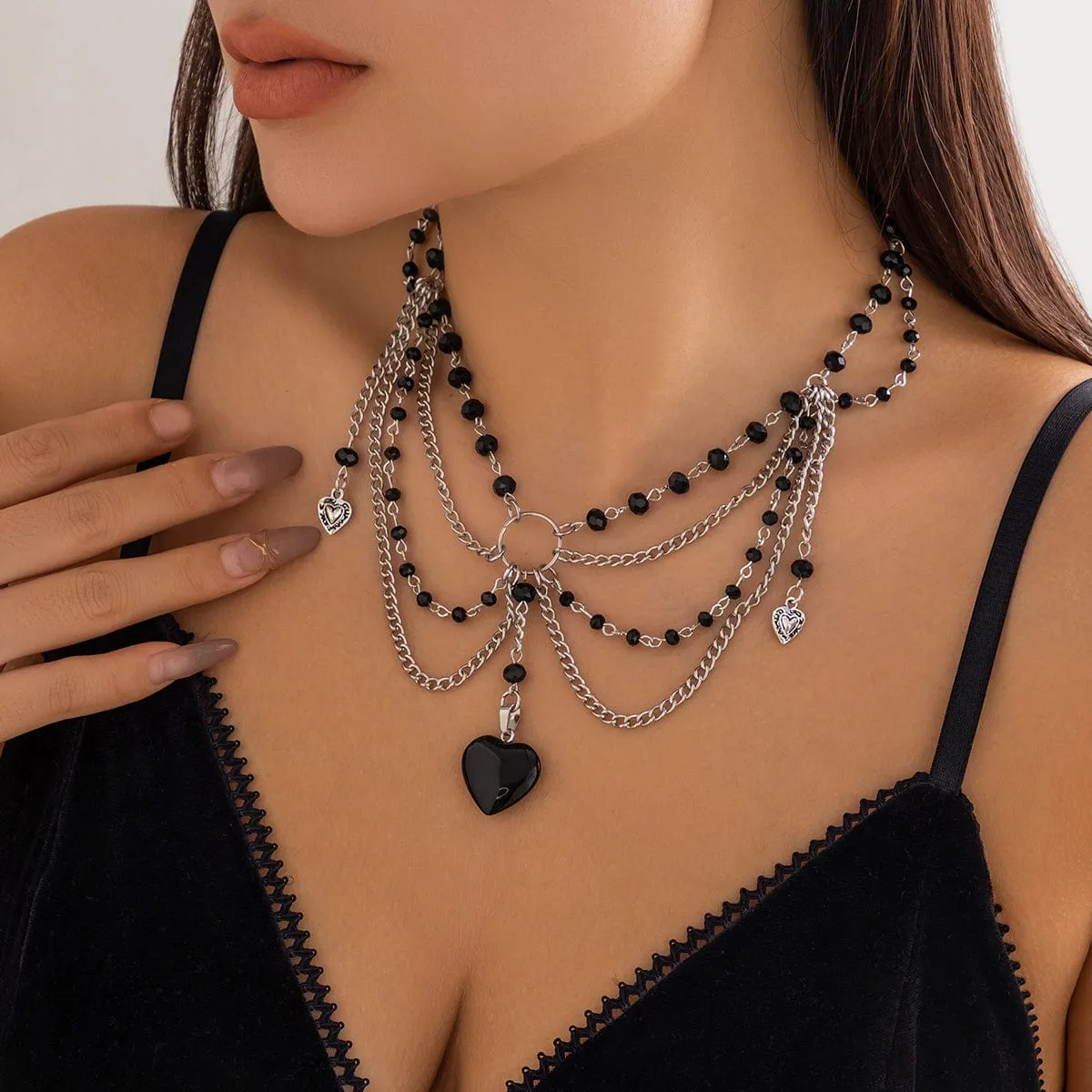 Gothic Heart Pendant Crystal Tassel Choker Necklace