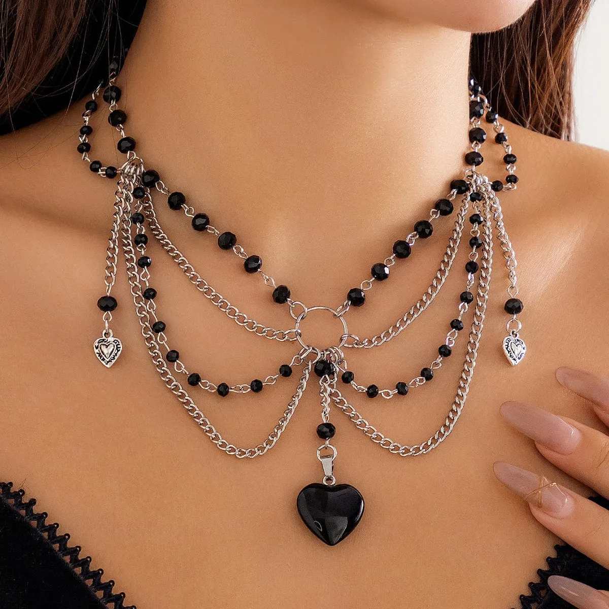 Gothic Heart Pendant Crystal Tassel Choker Necklace