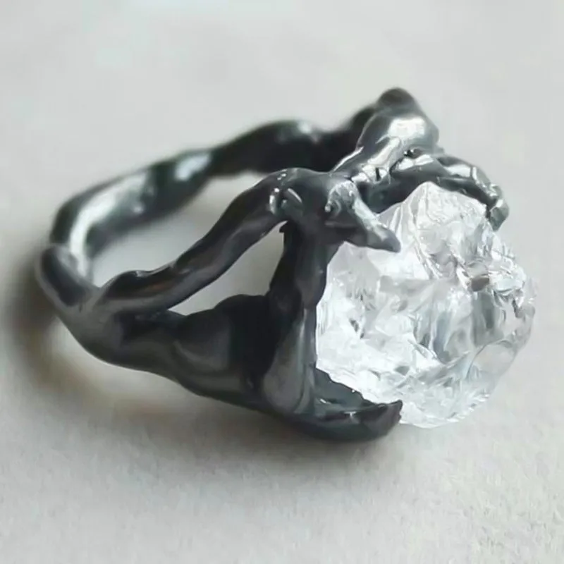 Gothic Ring Black White Irregular Crystal Rings
