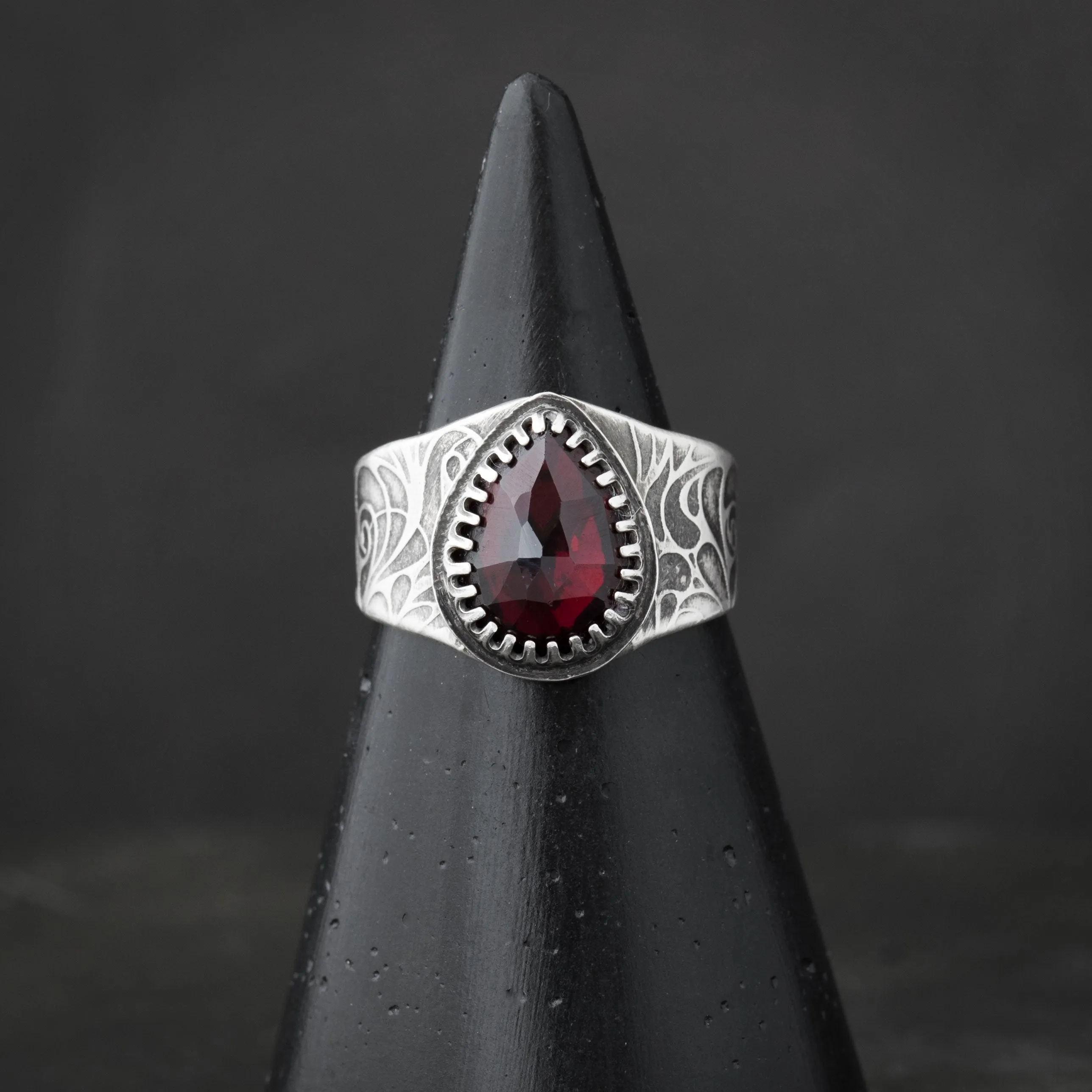 Gothic Silver Rose Vampire Ring with Garnet