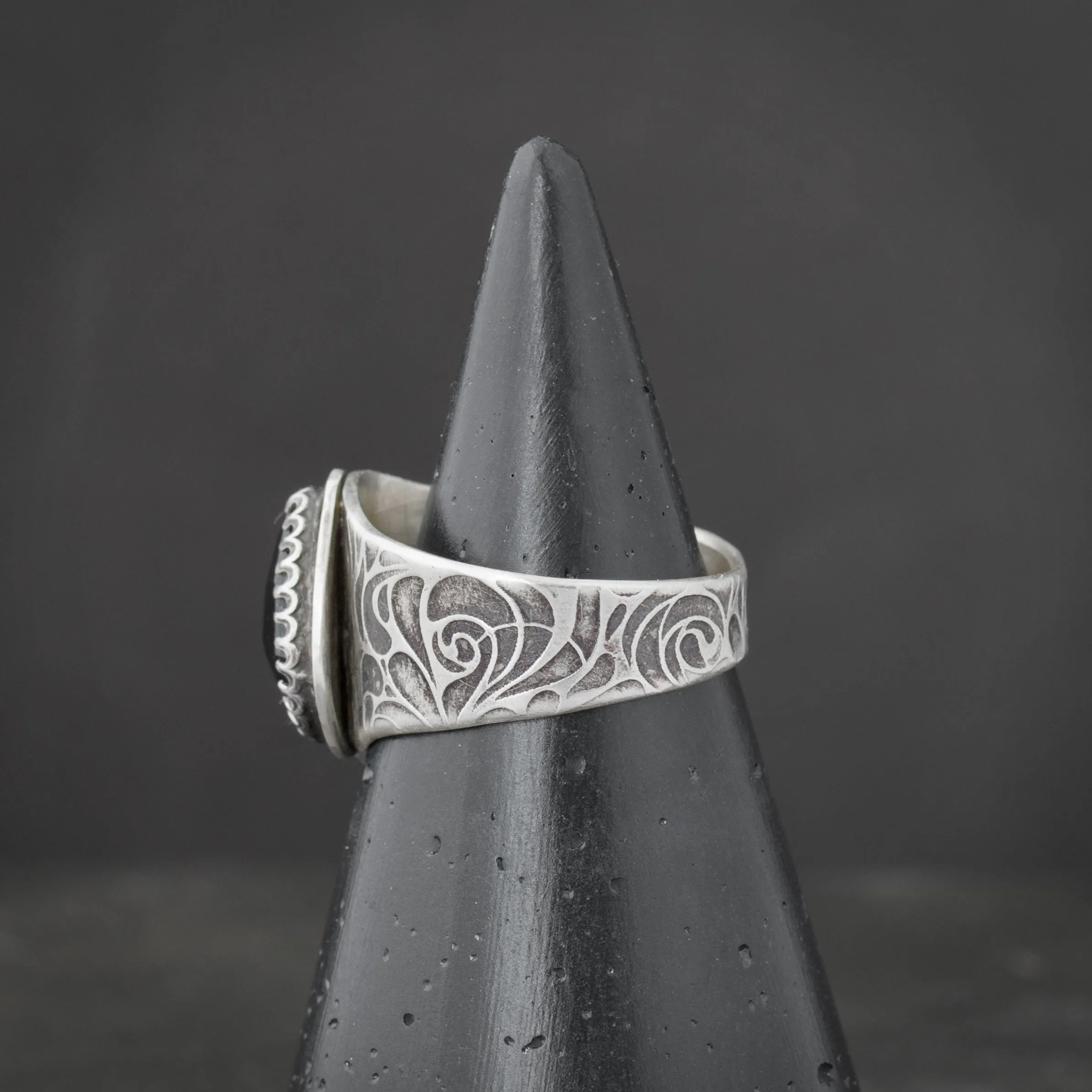 Gothic Silver Rose Vampire Ring with Garnet