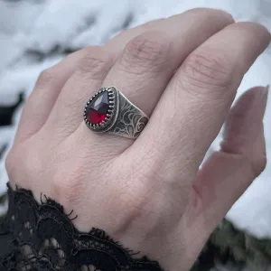 Gothic Silver Rose Vampire Ring with Garnet