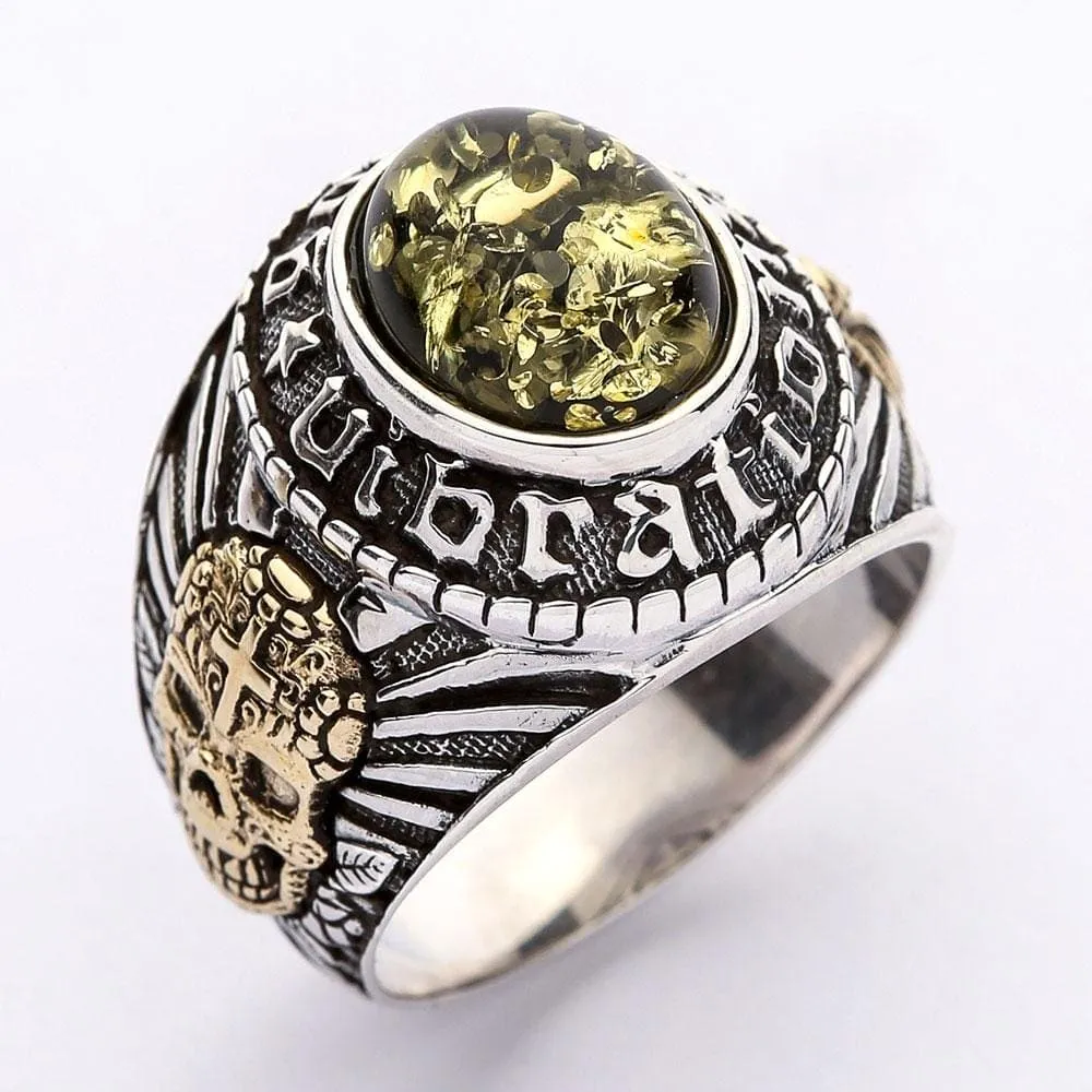 Green Amber Mexican Skull Sterling Silver Gothic Men's Ring