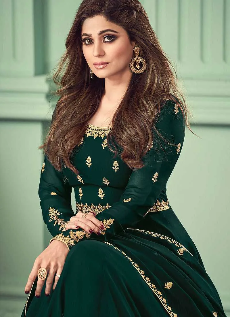 Green and Gold Heavy Embroidered Floor touch Anarkali