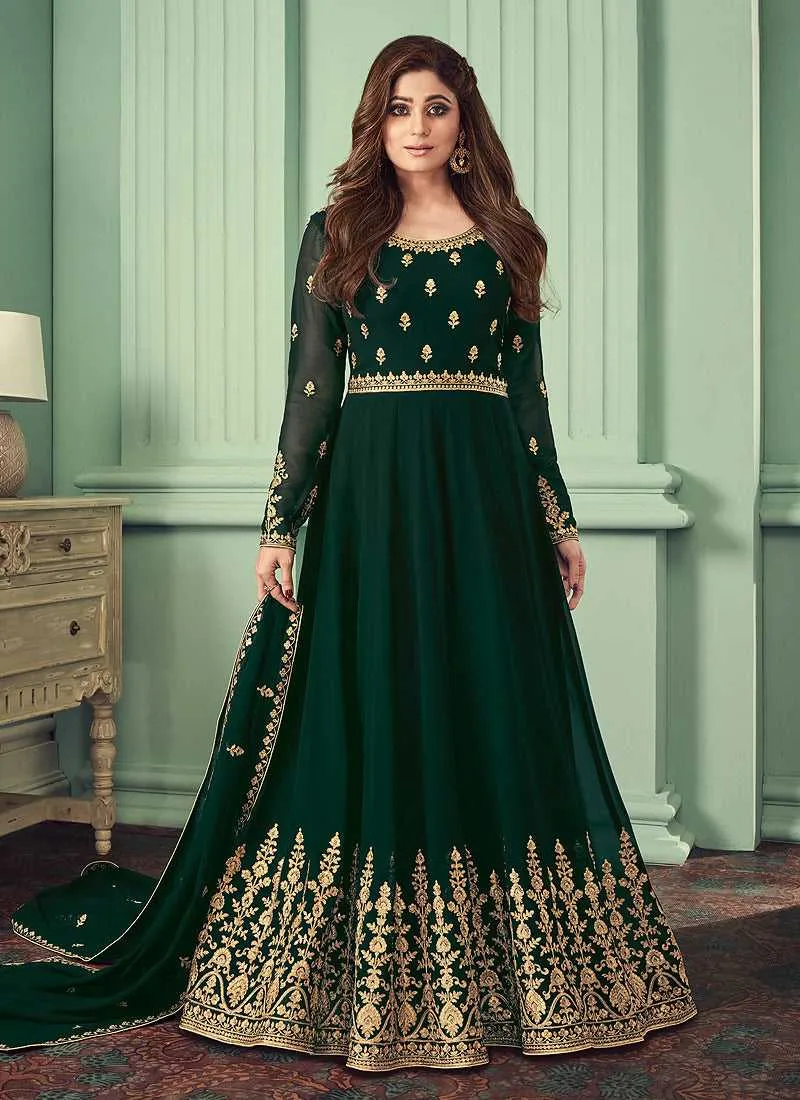 Green and Gold Heavy Embroidered Floor touch Anarkali