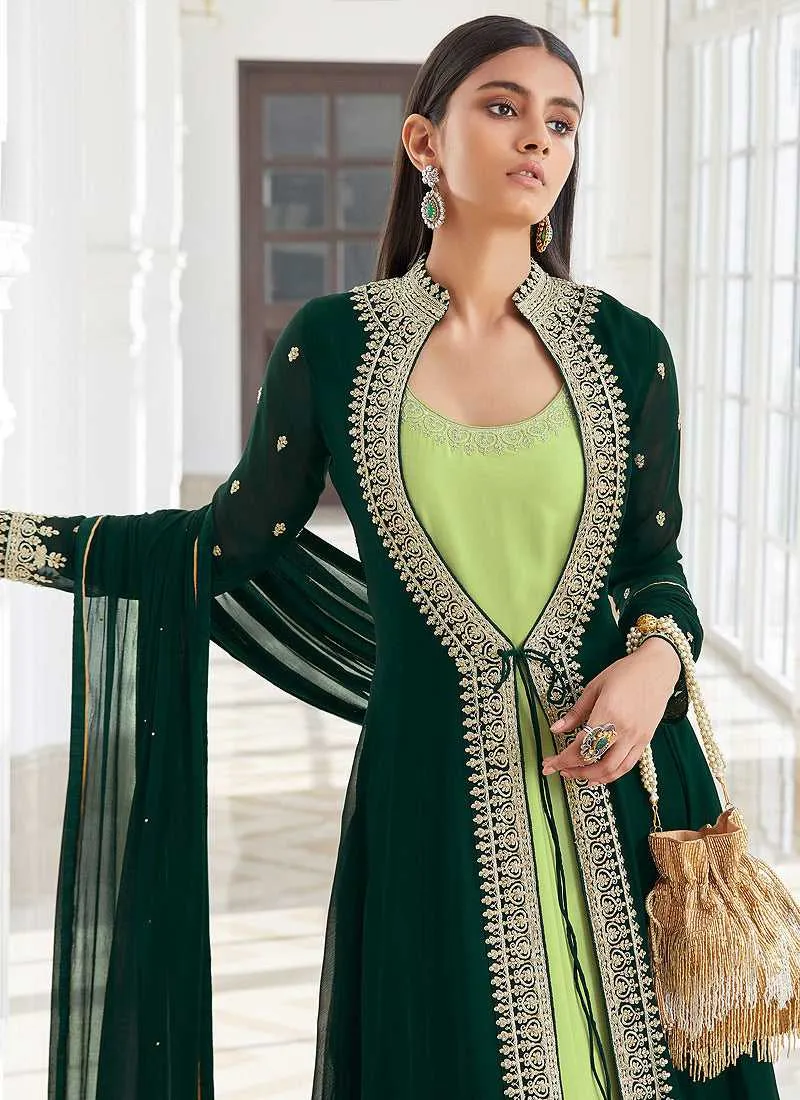 Green and Mint Heavy Embroidered Jacket Style Suit