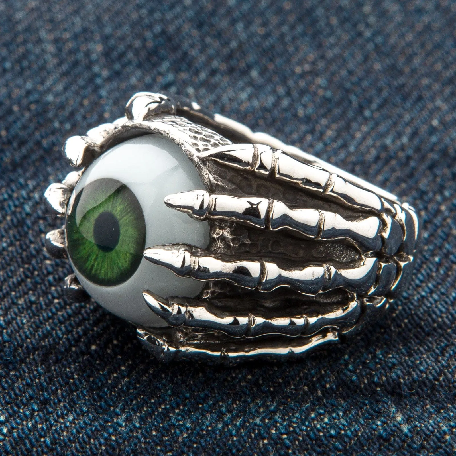 Green Eye Claw Sterling Silver Gothic Ring