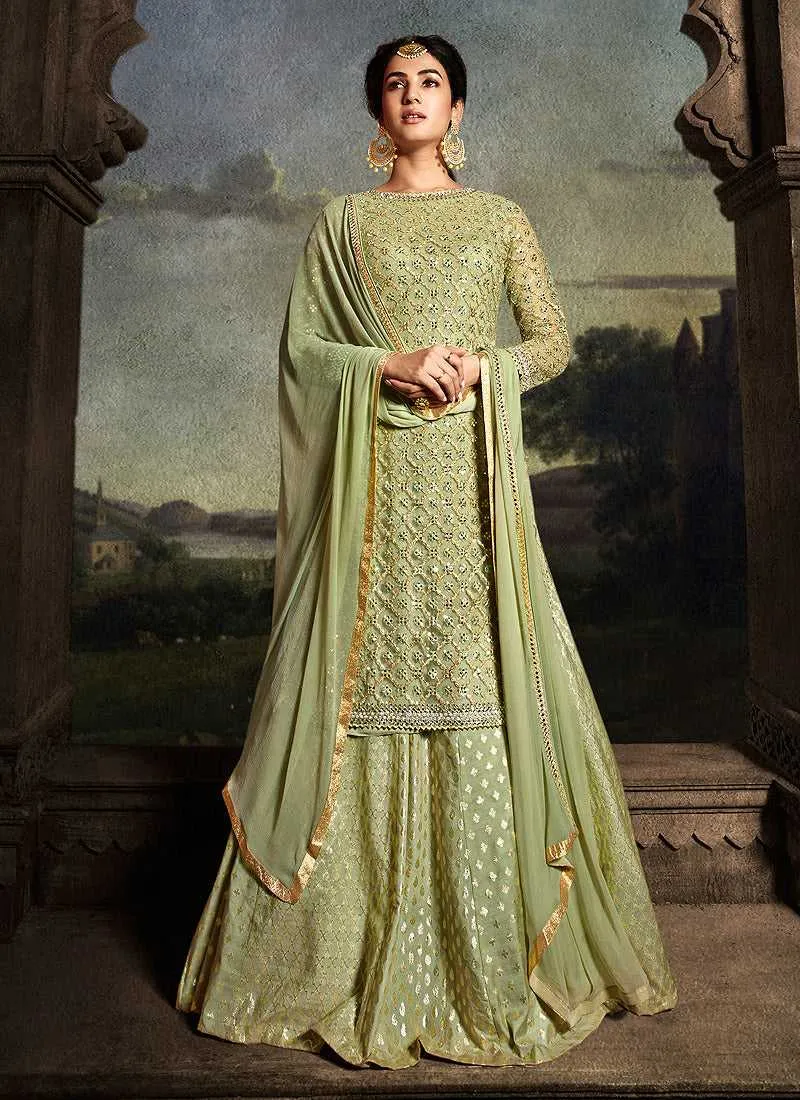 Green Floral Embroidered Heavy Palazzo Suit