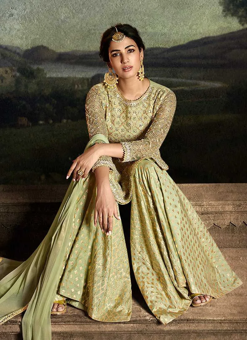 Green Floral Embroidered Heavy Palazzo Suit