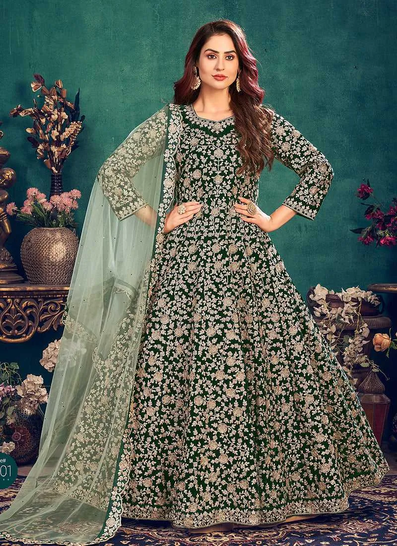Green Heavy Embroidered Stylish Velvet Anarkali Suit