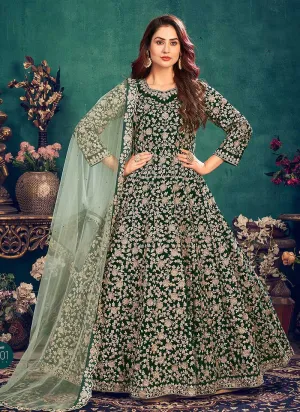 Green Heavy Embroidered Stylish Velvet Anarkali Suit