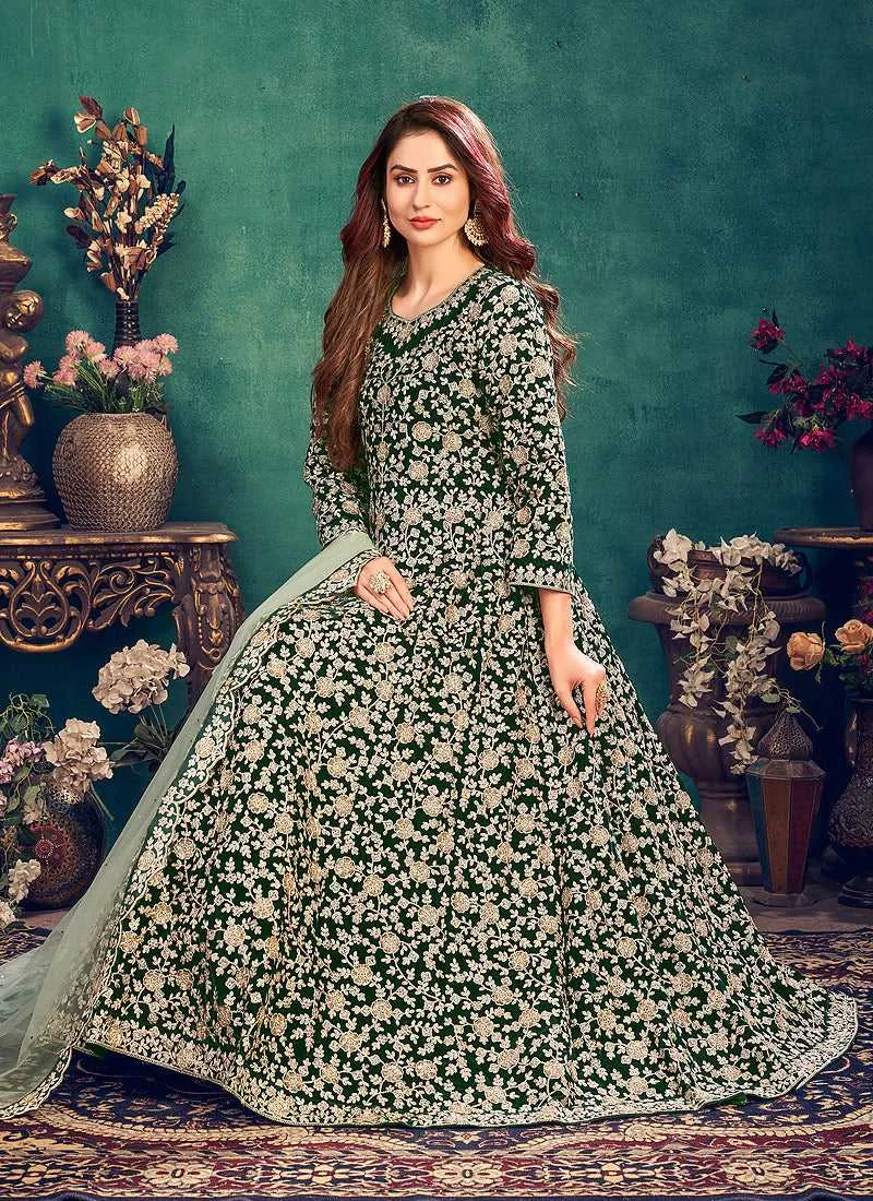 Green Heavy Embroidered Stylish Velvet Anarkali Suit