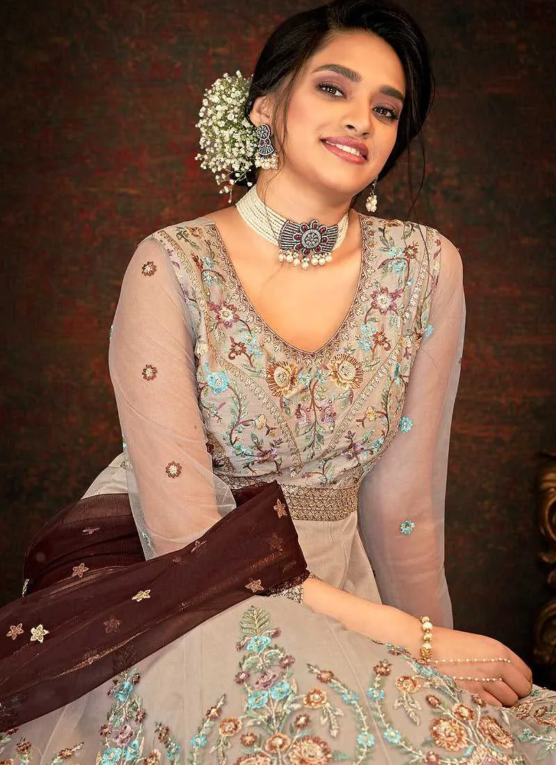 Grey and Gold Floral Embroidered Kalidar Anarkali